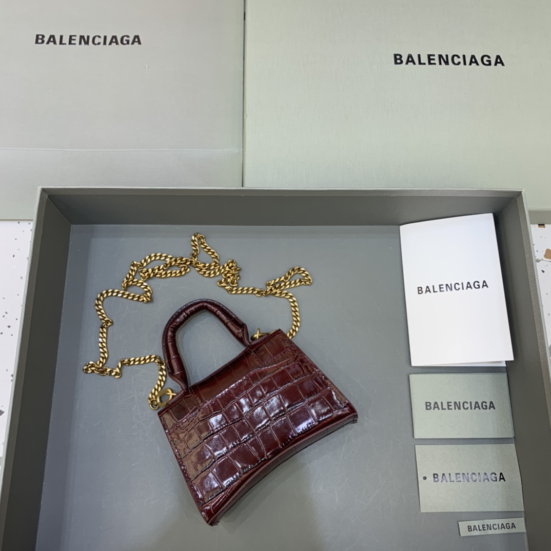 Balenciaga Hourglass Mini Handbag With Chain Crocodile Embossed Shoulder Bag Coffee